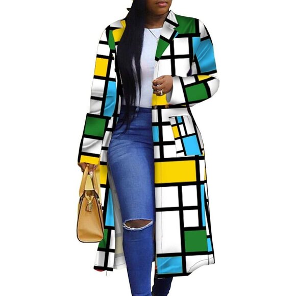 Jackets & Blazers - Women's Blue Turn Down Collar Colorful Outerwear Cardigan Trench Coat